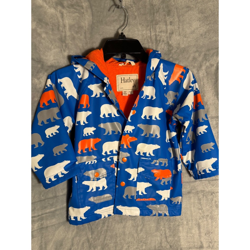 Hatley Kids Polar Bear Print Hooded Raincoat Blue Orange Lined Size‎ 4